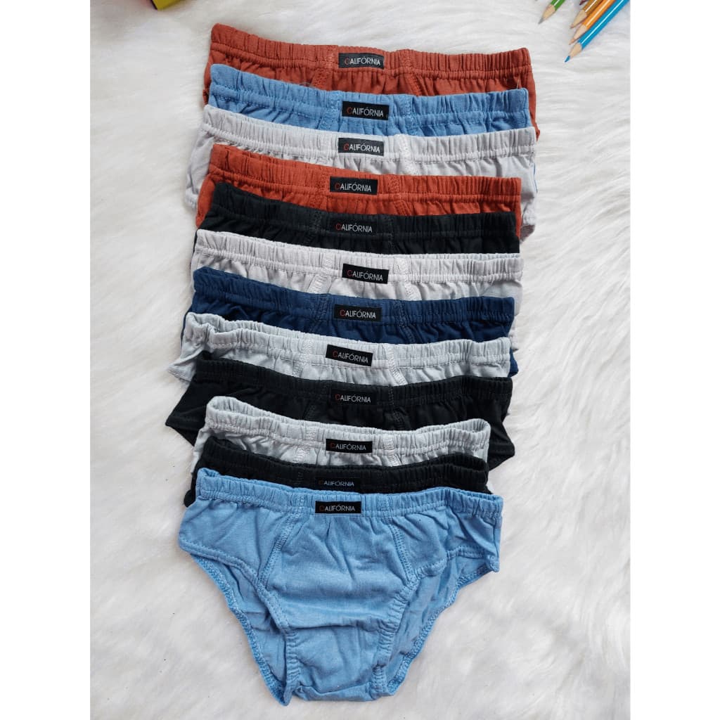 Kit 12 Cuecas Lisas Menino Infantil Algodão Califórnia Costura Dupla Elástico Embutido
