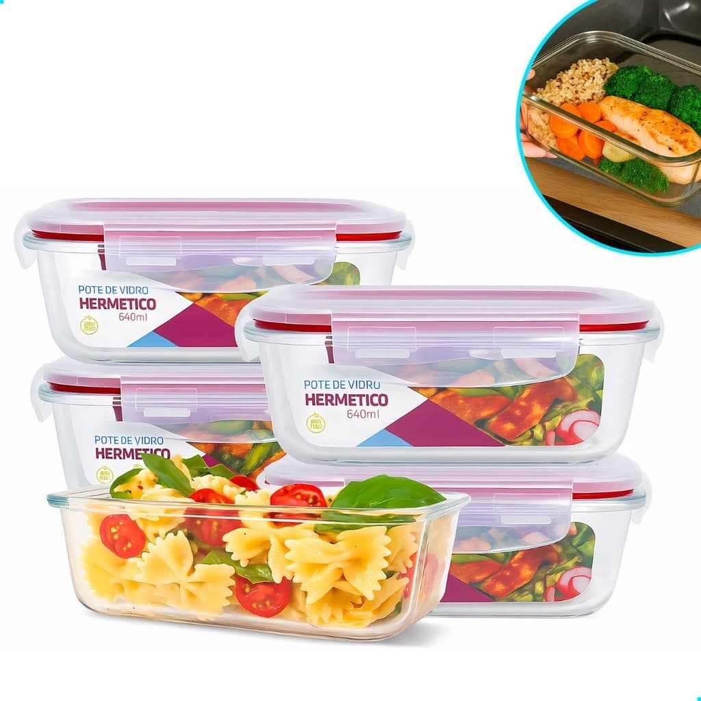 Kit Potes de Vidro 640ml Hermético Marmita Fit com Tampa 4 Travas
