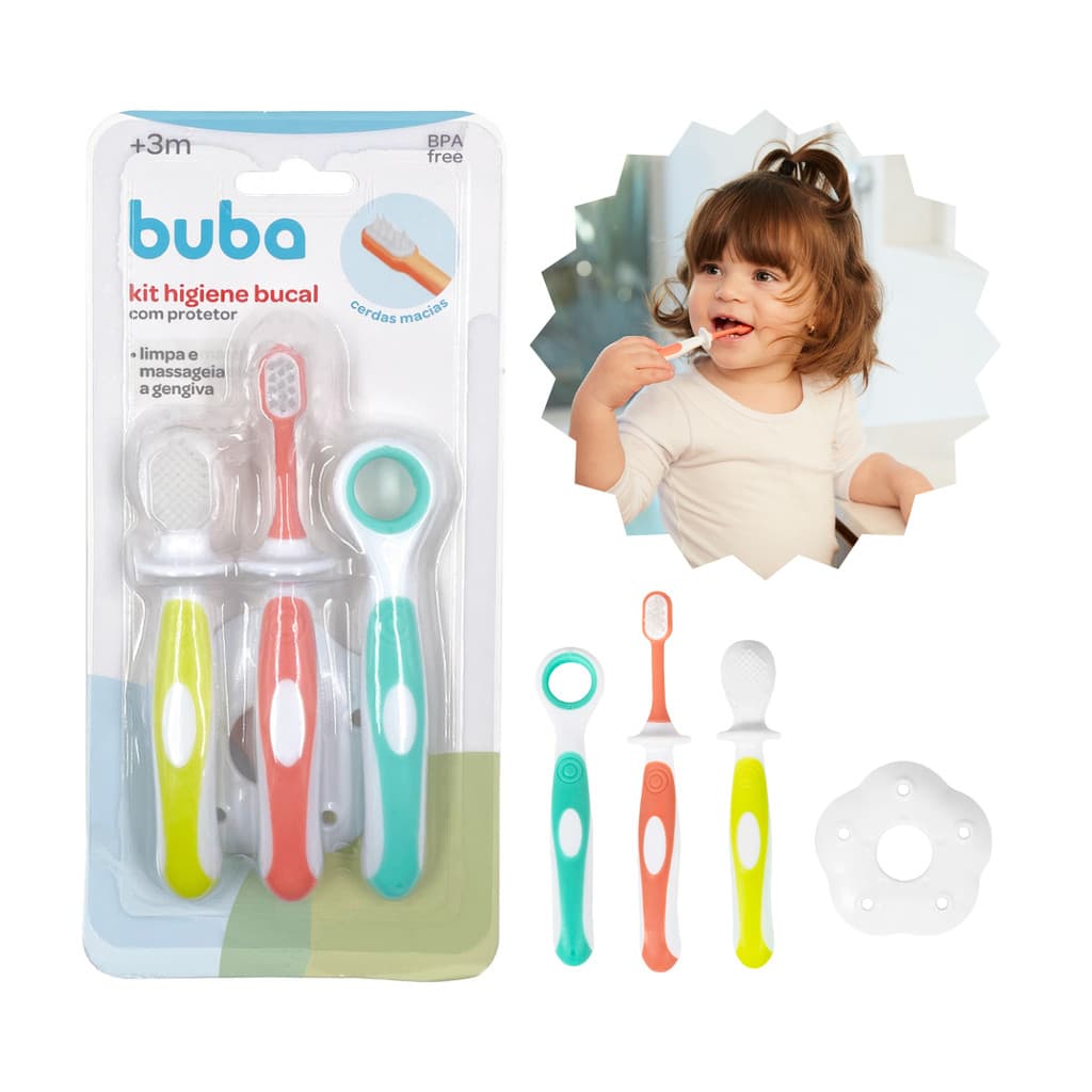 Kit Higiene Bucal Bebê Escova De Dente Massageador Gengiva E Limpador de Lingua Buba
