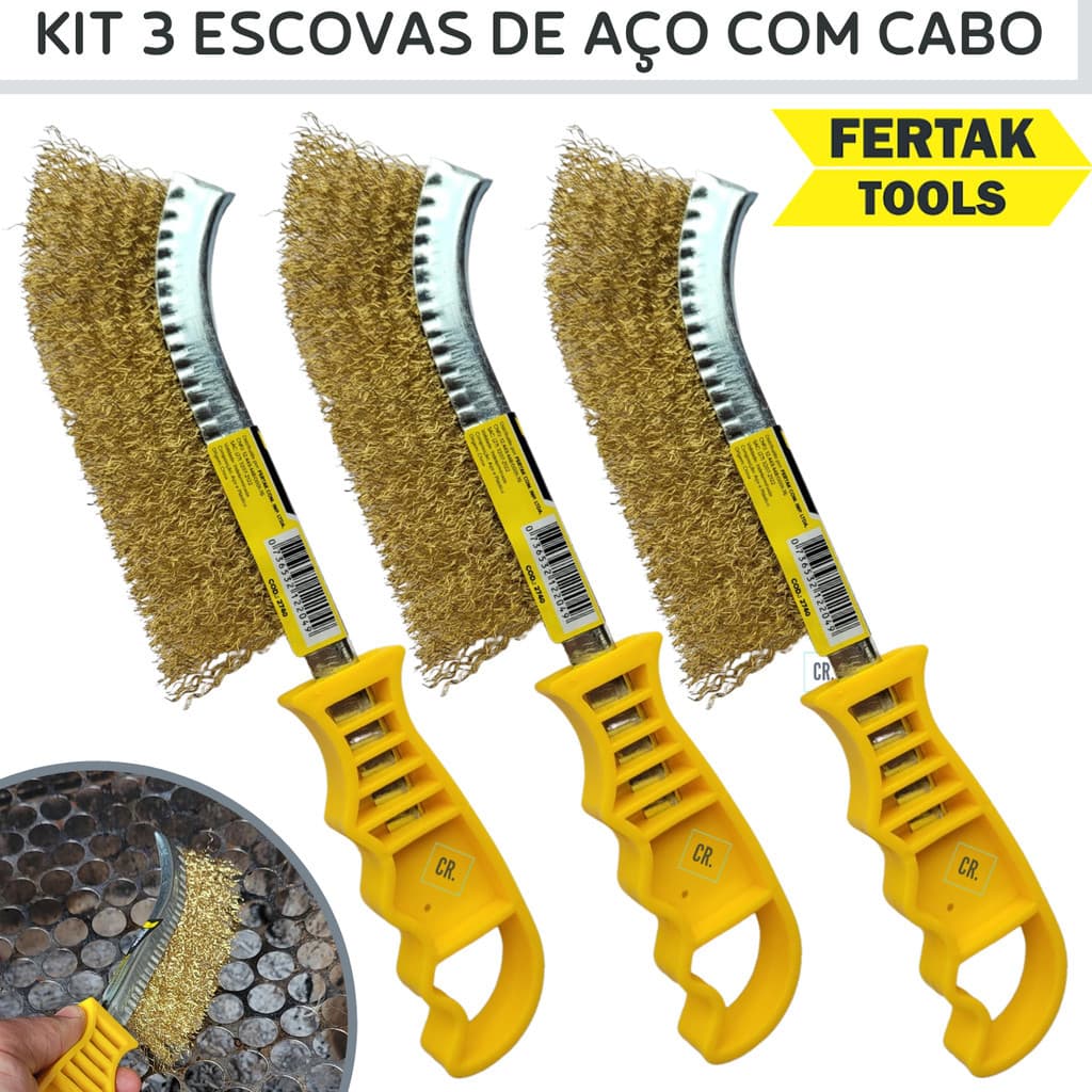 Kit 3 Escovas de Aço Com Cabo Anatômico Manual Para Limpeza de Churrasqueira, Ferrugem ou Uso Geral.