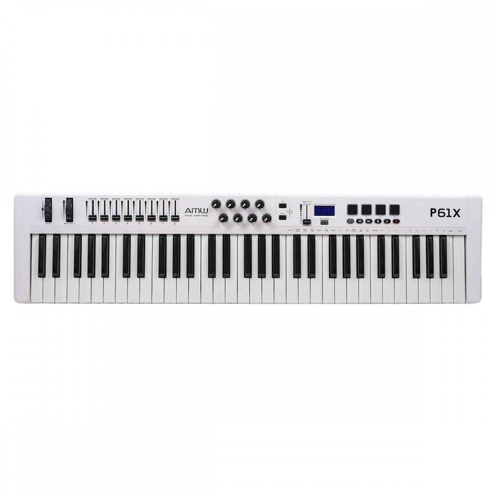 AMW P61X White Teclado Controlador Midi USB com 61 Teclas PADs Faders e Knobs