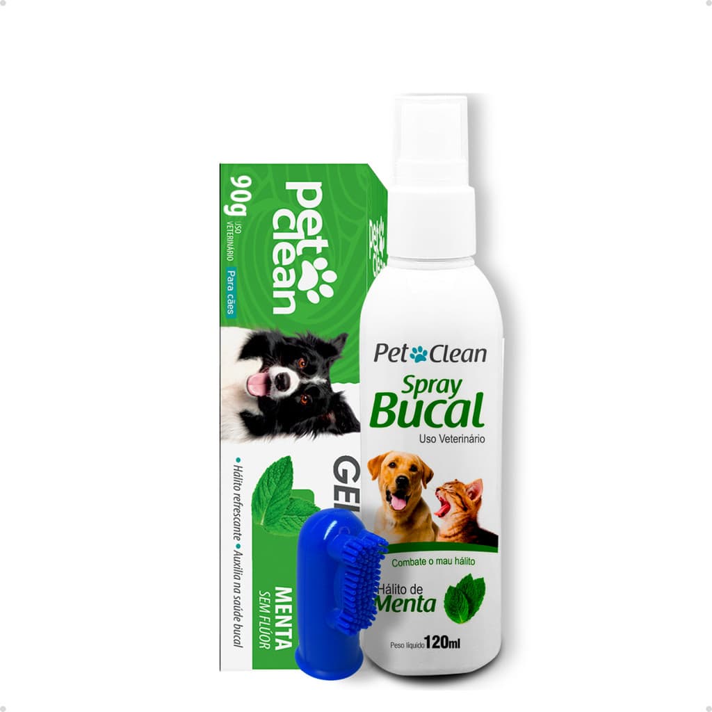 Kit Gel Dental Pasta de Dente Pet Clean + Spray Bucal Hálito + Escova Dente Dedeira Cores Sortidas