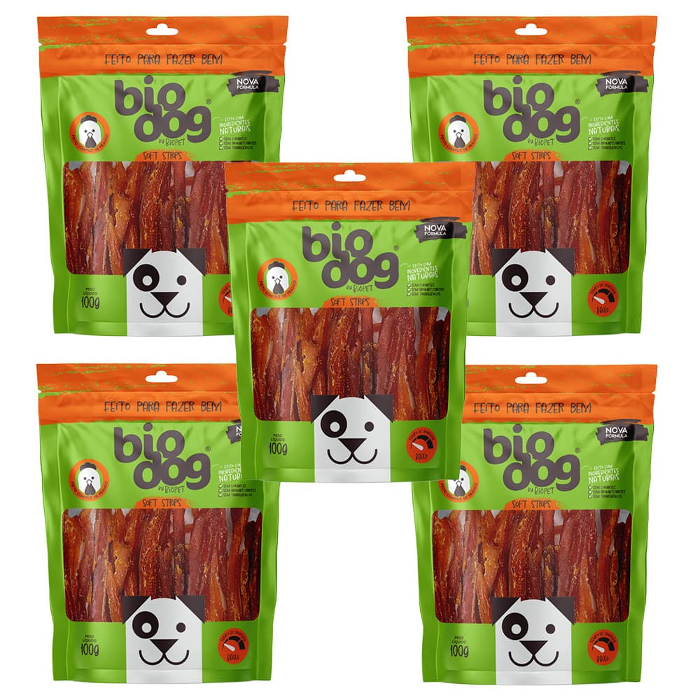 Kit 5x Petisco Natural Snack para Cães Biodog Gourmet Soft Strips - Frango