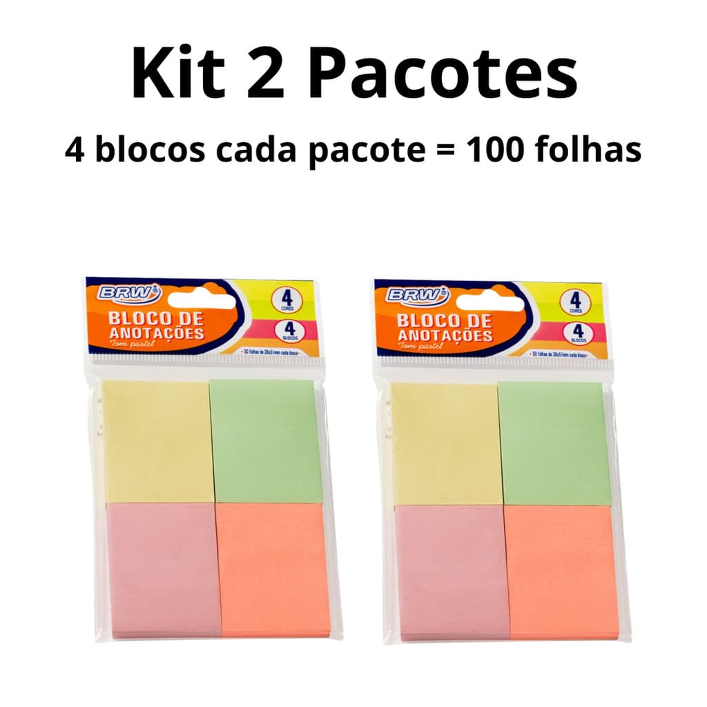 Kit 2 Pacotes 8 Bloco Adesivo Para Anotação 38x51 Cores Claras Pastel 100 Folhas Brw Post it