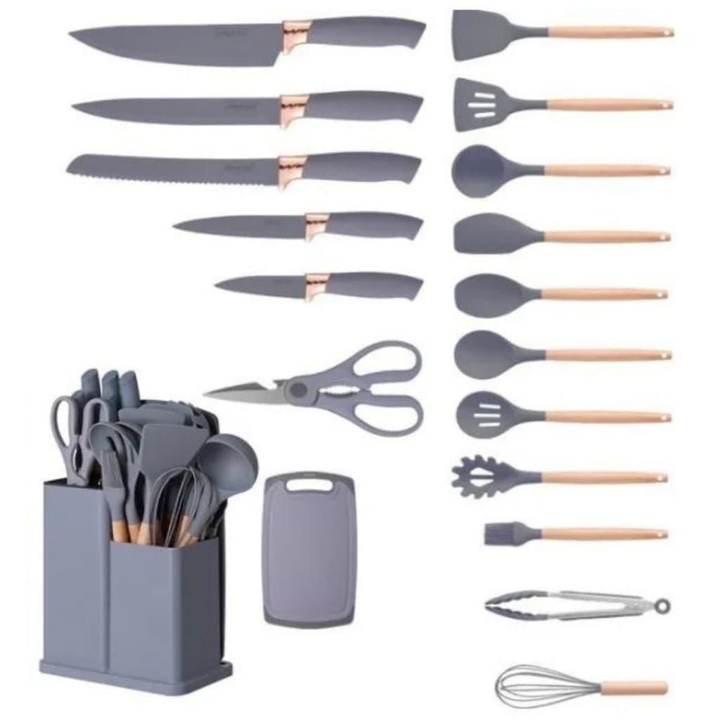 Kit Completo Jogo Utensílios de Cozinha Luxo 19 Peças Com Tábua em Silicone Espátula Faca Tesoura