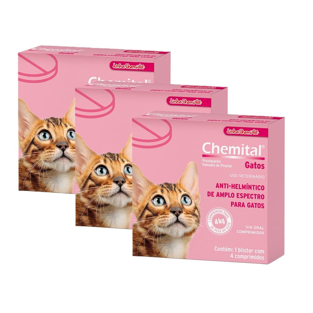 Kit 3 Chemital Chemitec Vermífugo para Gatos - 4 Comprimidos