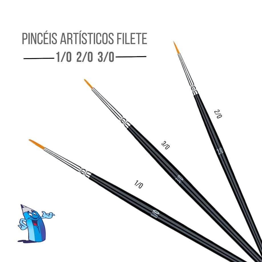KIT 3 PINCEL ARTÍSTICO FILETE REDONDO LINER SINTÉTICO ARTESANATO PINTURA 1/0 2/0 3/0 BRW