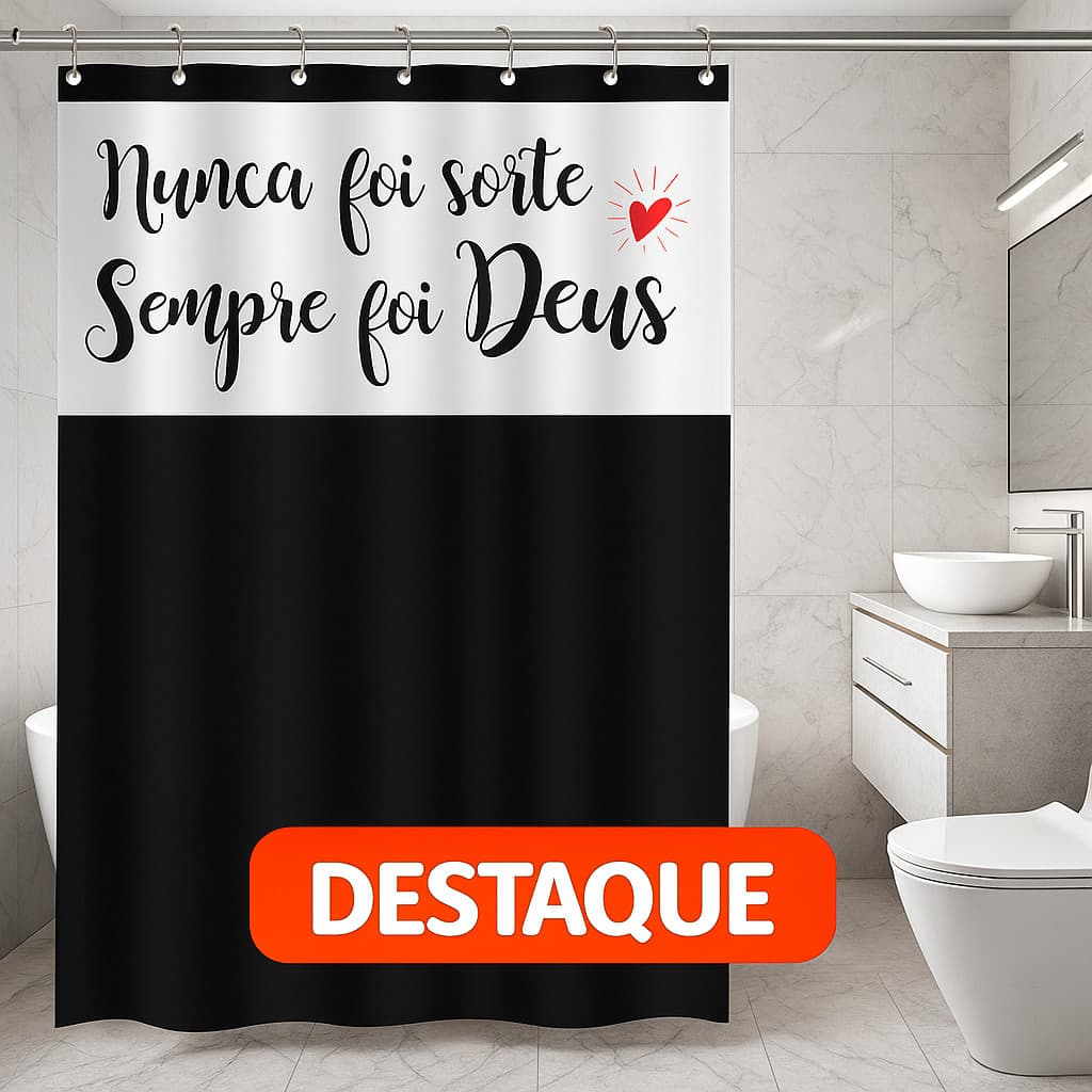 Cortina de Box Banheiro PVC com Visor Frase Deus Decorativa e Ganchos 138x198cm Preto ou Branco
