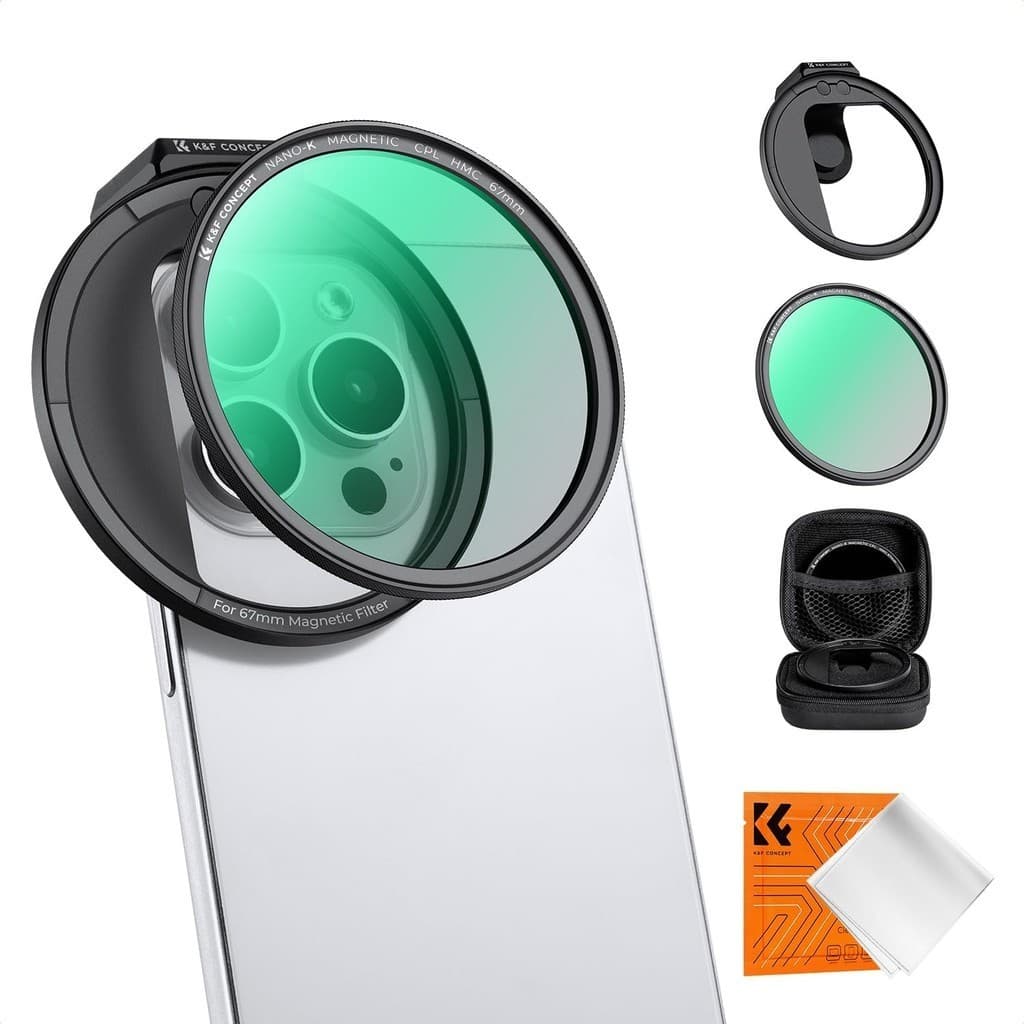 K & F Concept Clip On 67mm Magnetic ND2-ND32/CPL Kit De Filtro De Lente De Telefone , Com Adaptador Magnético Anel/Botão De Travamento/Calçado Frio , Polarizador Para iPhone 15 Pro Max