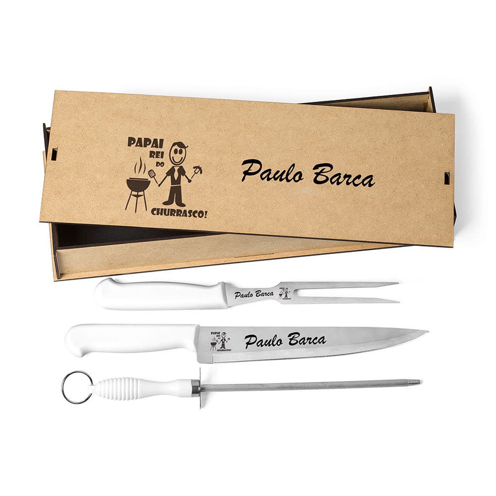 Kit Churrasco Faca Garfo Chaira e Estojo MDF Personalizado Seu Nome