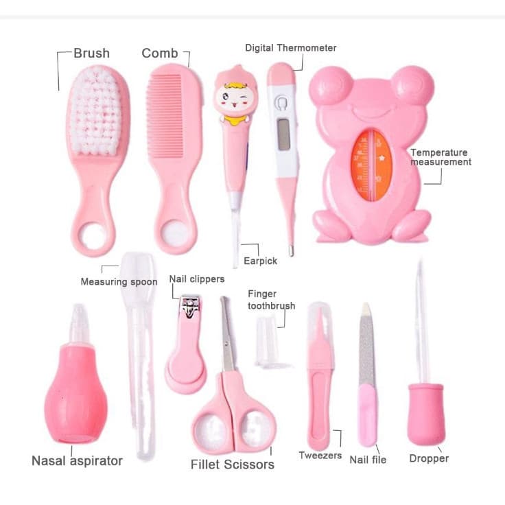 Kit Rosa de 6 ou Kit de 13 Peças Higiene Cuidado Bebê Recém Nascida Essencial Com Cortador Escova Unha Pente