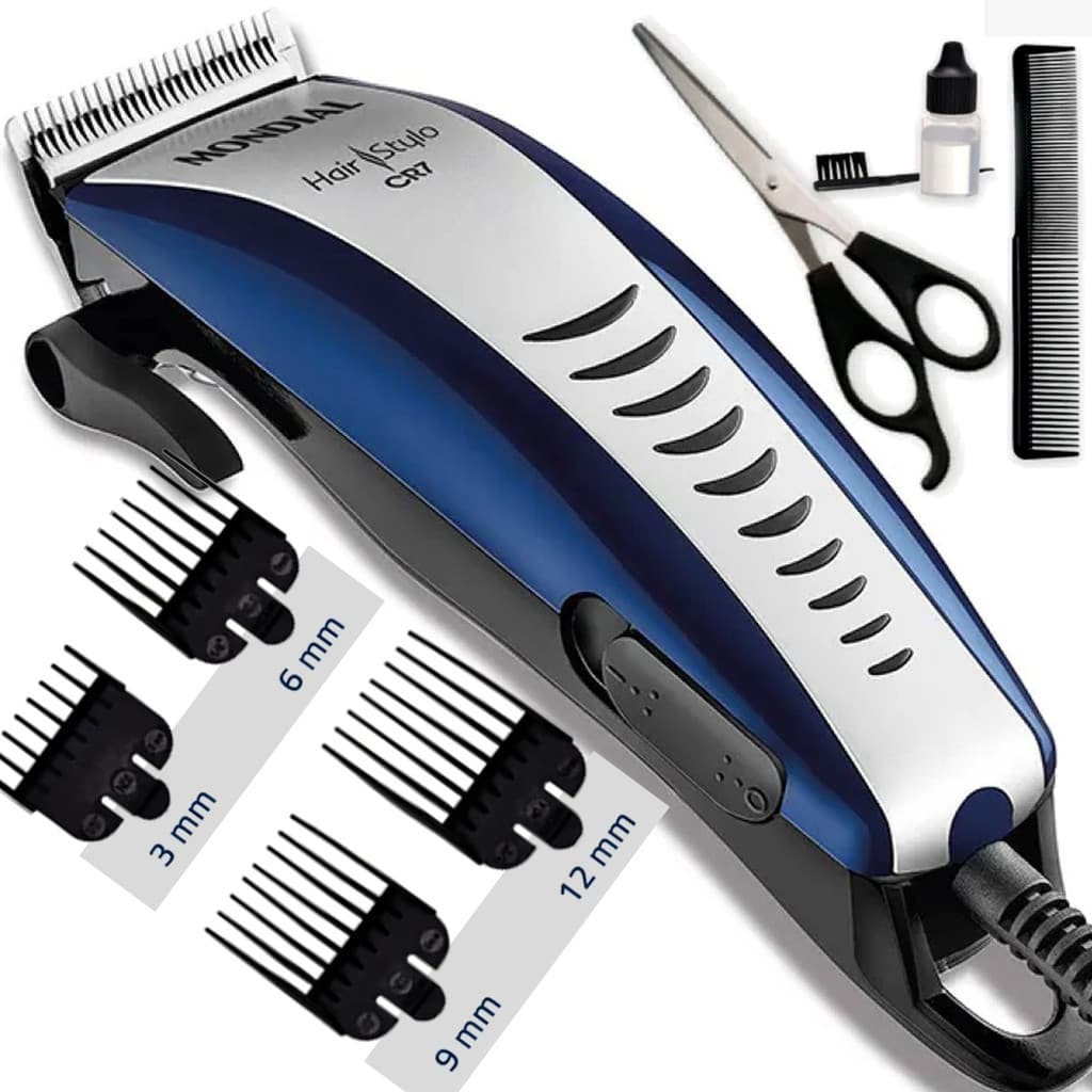 Kit Cortador Cabelo Mondial CR-07 Lâminas Aço Inox 4 Pentes 3mm 6mm 9mm 12mm