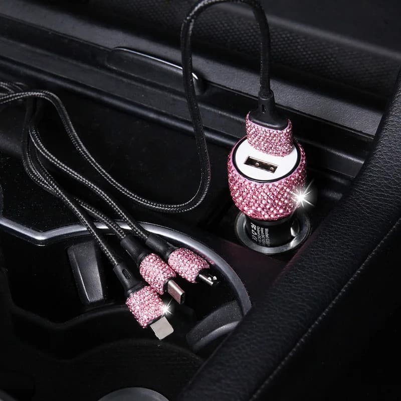 Carregador De Carro Bling Usb 5v2.1a Adaptador Rápido De Porta Dupla Rosa Diamante/Peças Automotivas