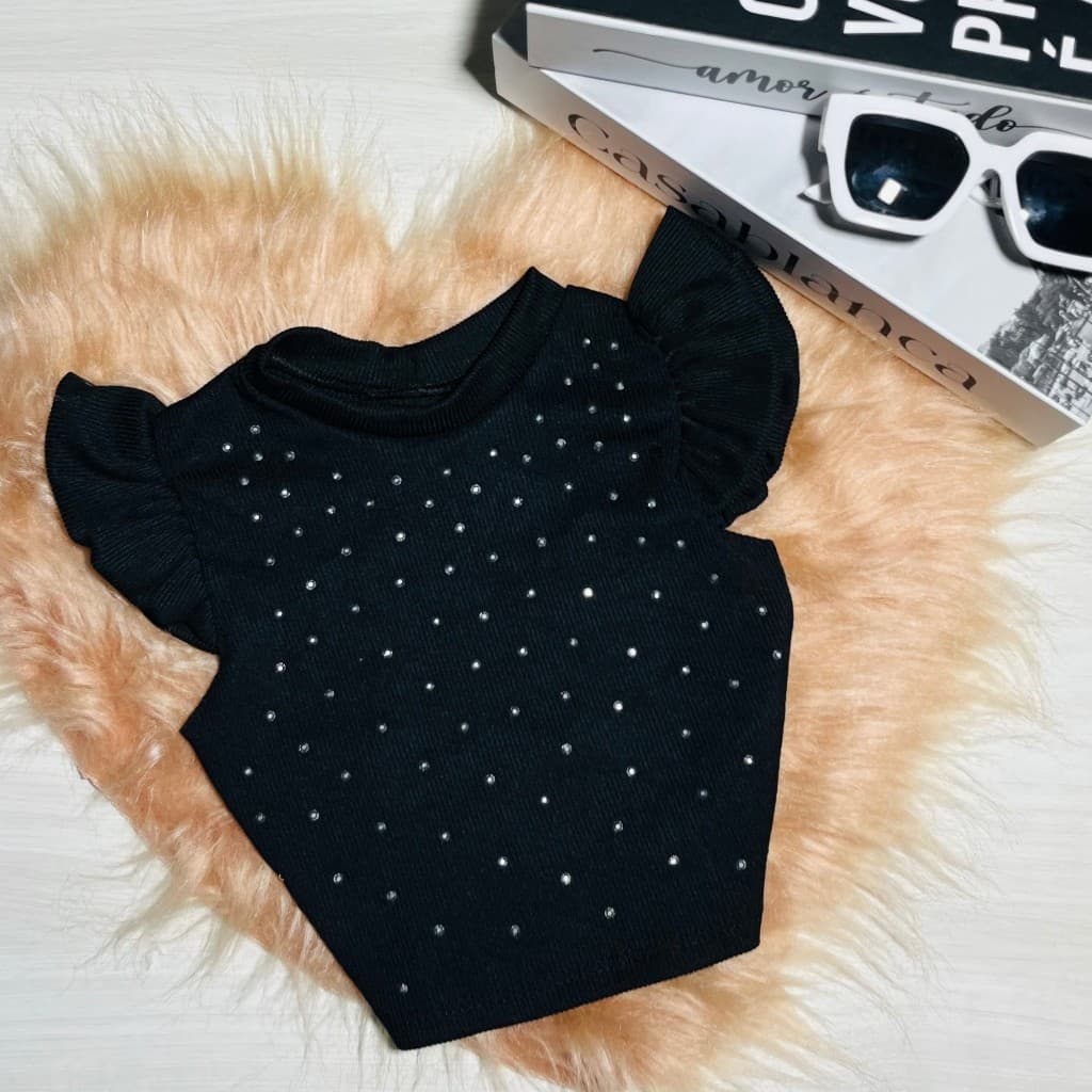 Blusa Infantil Cropped Pedraria Manga Princesa Fashion Moda Bloguerinha Casual Dia a Dia