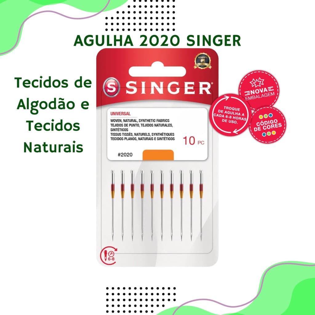 Agulha Singer 2020 para Máquina Doméstica | Kit com 10 Unidades | Tecidos de Algodão e Naturais