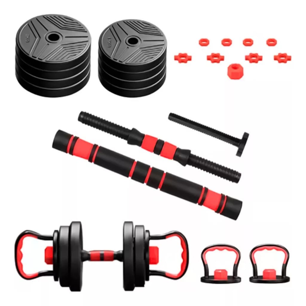 Kit Halteres 6 Em 1 Musculação Até 15kg Ajustável Kettlebell Barra Anilha
