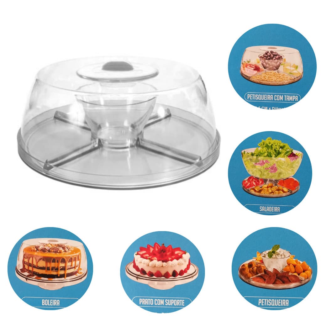Boleira Petisqueira Saladeira com Tampa Suporte de Bolo Acrílico 5 em 1