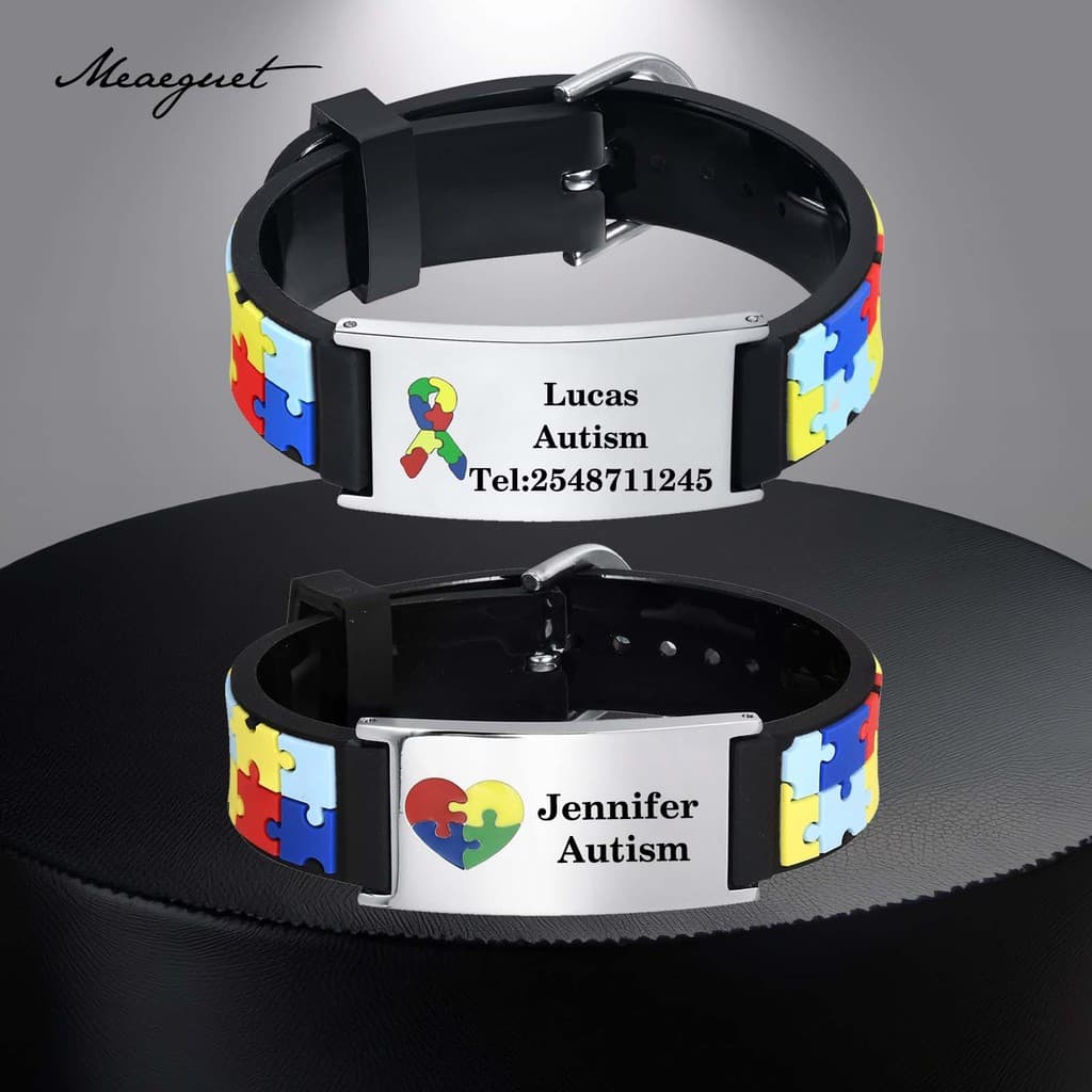 Pulseira De Autismo Personalizada Meaeguet Para Crianças Aldult , Silicone Com Quebra-Cabeça De Aço Inoxidável Ajustável