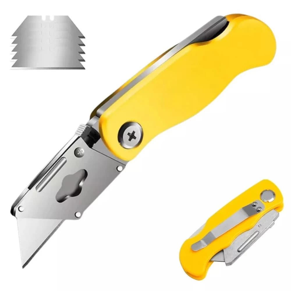 Estilete Profissional Retratil Trapezoidal De Segurança Com 5 Lâminas Extras Metal Reforçado Dobrável