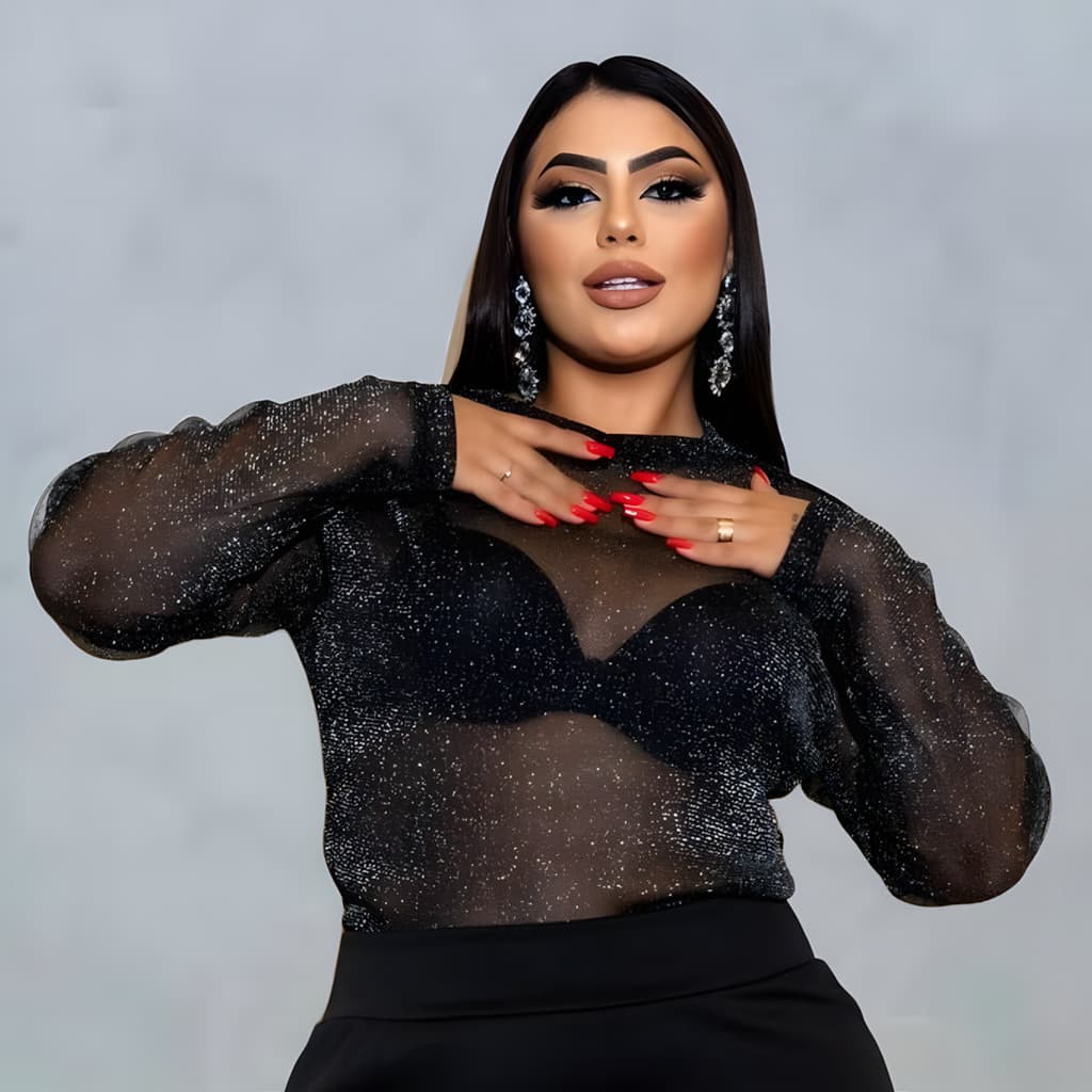 Body Manga Longa Tule Com Brilho Balada Festa Noite Plus Size