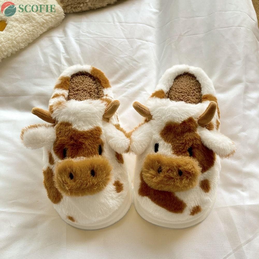 Chinelos De Lã SCOFIE Femininos , Vaca Manchados Fofos De Veludo Pelúcia Macios E Grossos Kawaii Quentes