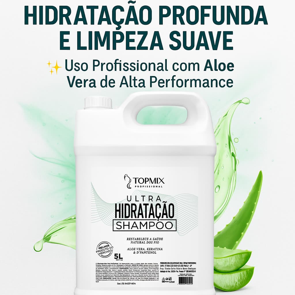 Shampoo Aloe Vera 5L Topmix – Hidratação Profunda, Brilho e Força Profissional no Lavatório