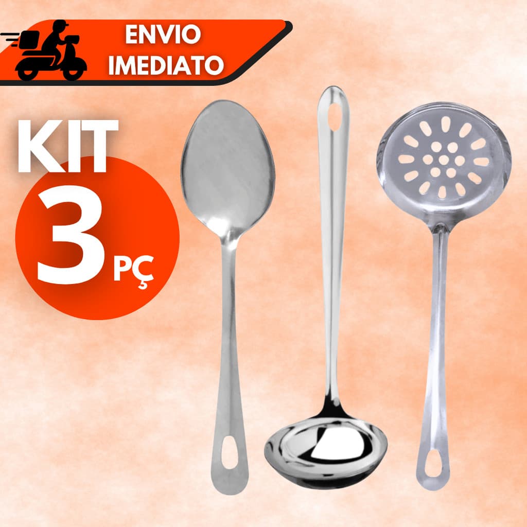 Kit 3 Utensílios de Inox Concha Colher de Arroz e Escumadeira Para Cozinha, Restaurantes e Buffets
