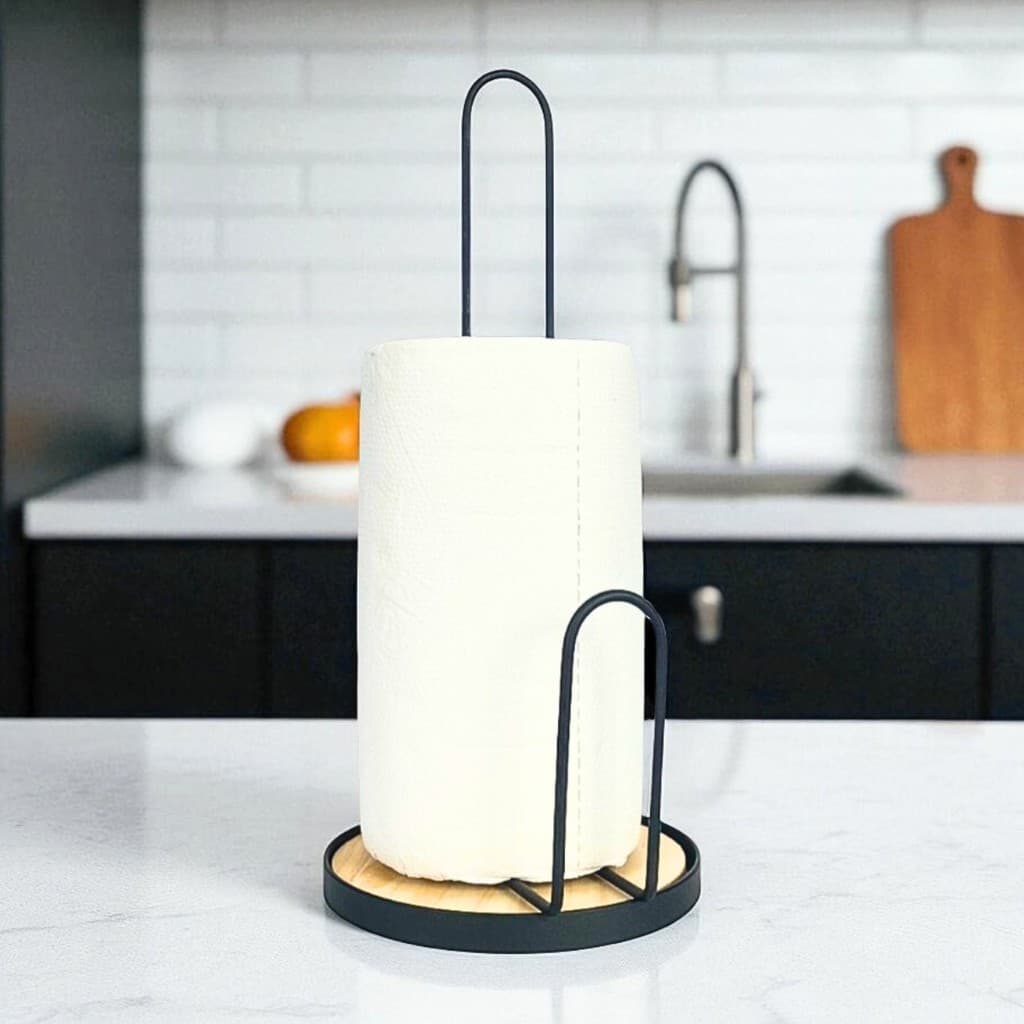 Suporte Para Papel Toalha Aramado Preto Com Madeira 32cm hauskraft