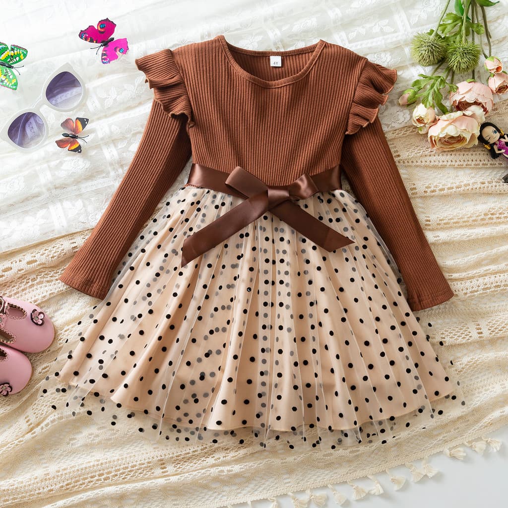 Vestido Casual Infantil , Camisa De Manga Comprida , Bolinhas , Tule , Cerimônia , 3-8 Anos , Outono Inverno , Arco , Ve