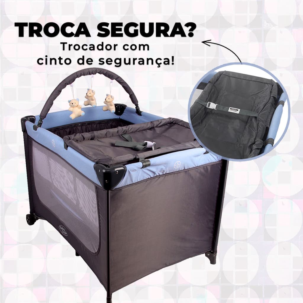 Berço Compacto Joly Chiqueirinho Com Trocador Mosquiteiro E Móbile Azul