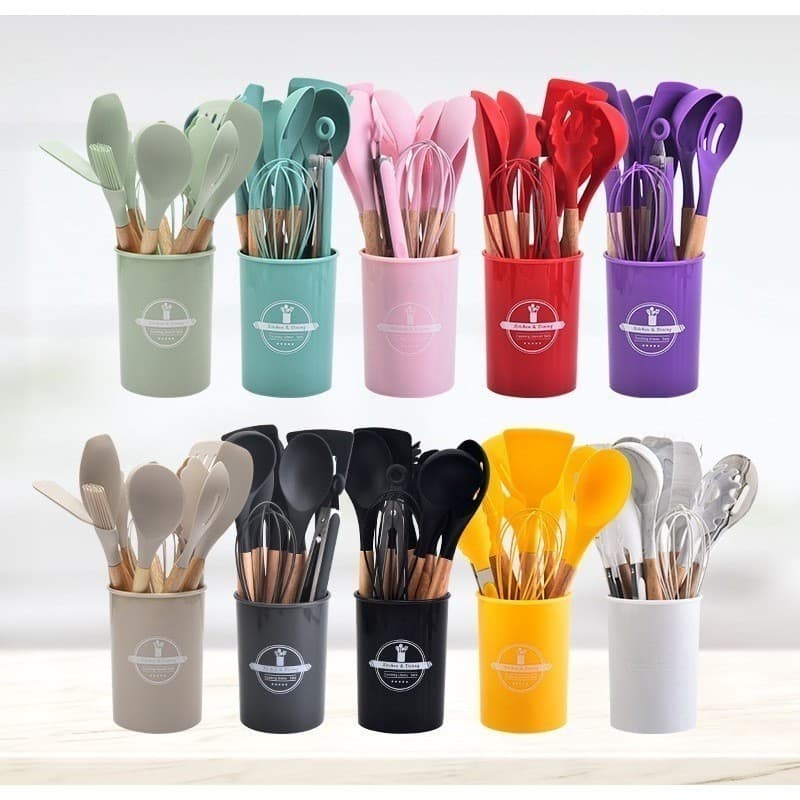 KIT de Utensílios Para Cozinha em Silicone e Bambu 12 Peças/19 Peças