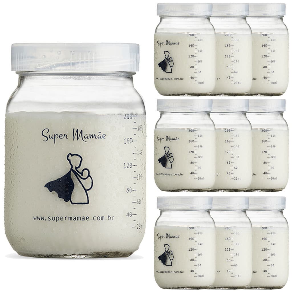 Kit 10 Potes de Vidro 200ml para Armazenar Leite Materno – Tampa Plástica BPA Free