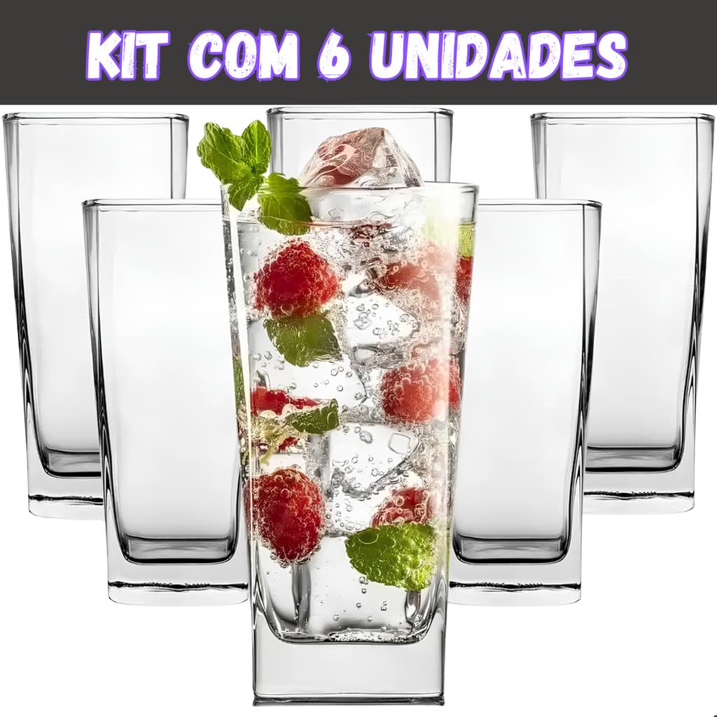 Jogo de Copos de Vidro 300ml Quadrado Texas Miami Bali para Suco Agua Refrigerante