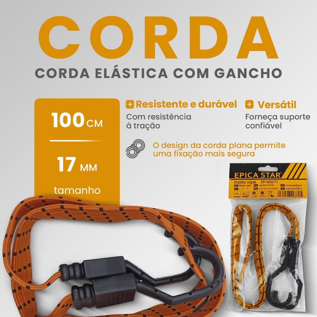 Corda elástica plana de 100 cm com gancho para prender carga