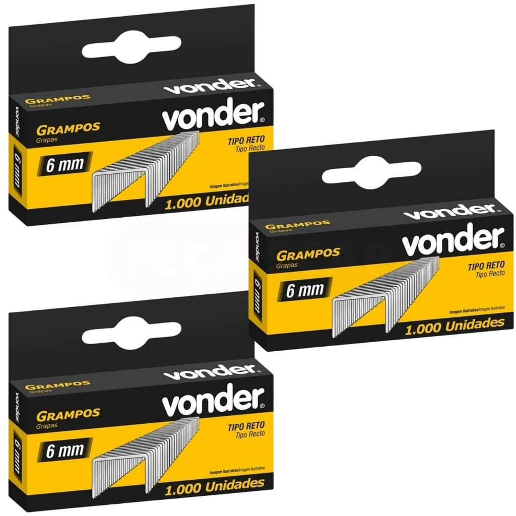 Kit 3 Caixas com 1000 Grampos Retos 6mm/8mm p/ Grampeadores Elétricos Vonder, p/Tapeçaria, Estofados