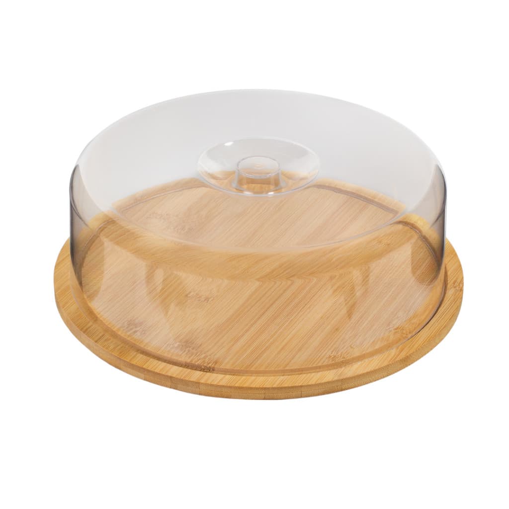 Boleira Bambu Com Tampa Em Acrílico Porta Bolo Para Bolo Torta Pudim Queijo 28cm