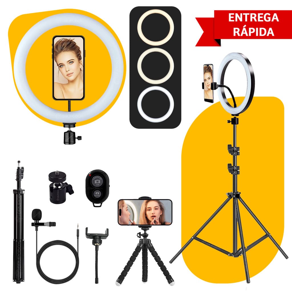 Kit Youtuber Iluminador Completo Aro 10 Polegadas com Tripe 2,10m Ring Light Blogueiro Make