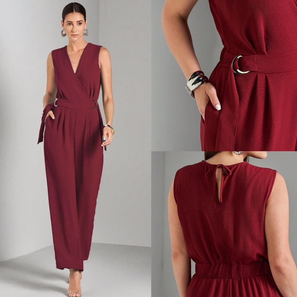 Macacão Feminino com Faixa Lateral Meia-Lua Decote Transpassado Tecido Duna Elegante para Festa ou Trabalho