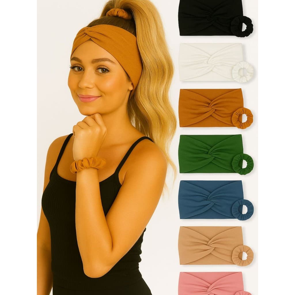 Kit Turbante Tiara de Cabelo  + Rabicó Xuxinha de Cabelo Faixa de Cabelo Tiara de Nó Moda Yoga
