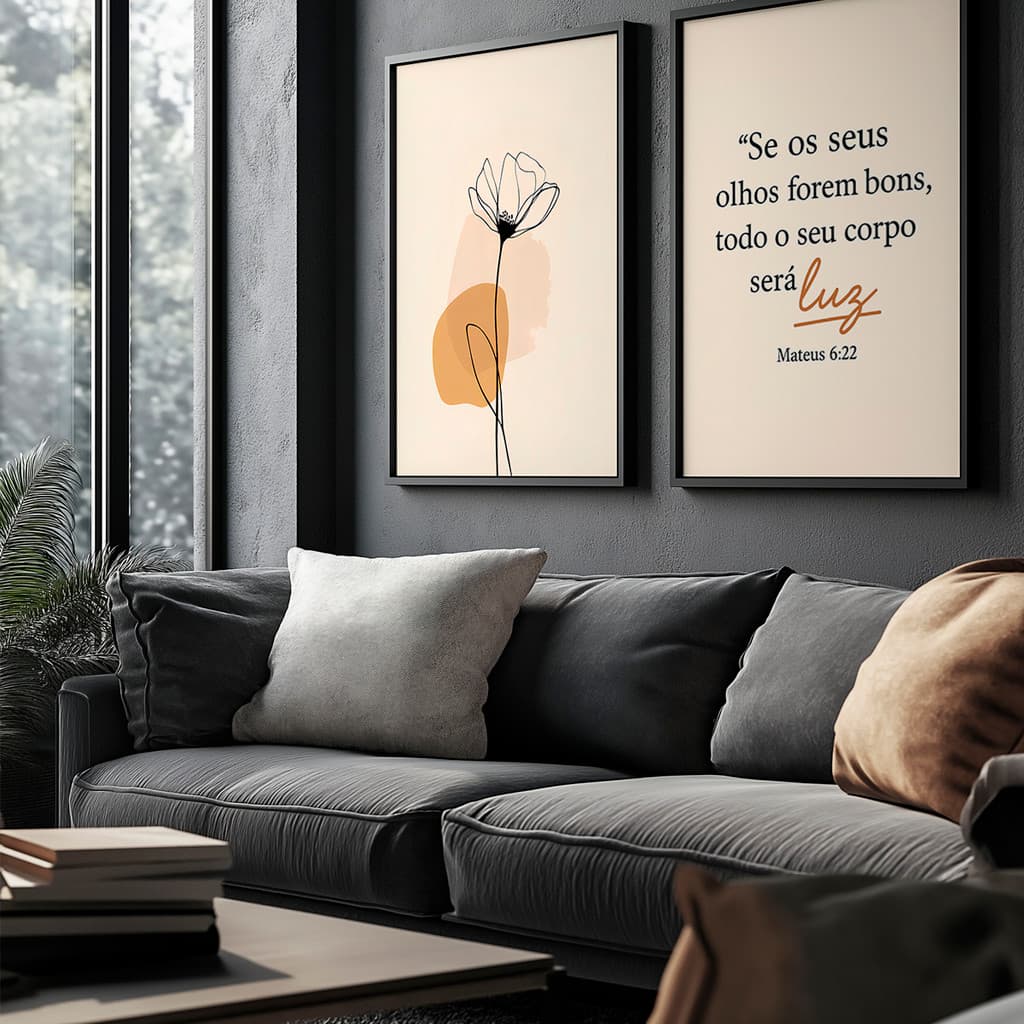 Kit 2 Quadros Decorativos Versículo 6:22 Mateus Flor Minimalista Cristão Quarto Sala Com Moldura