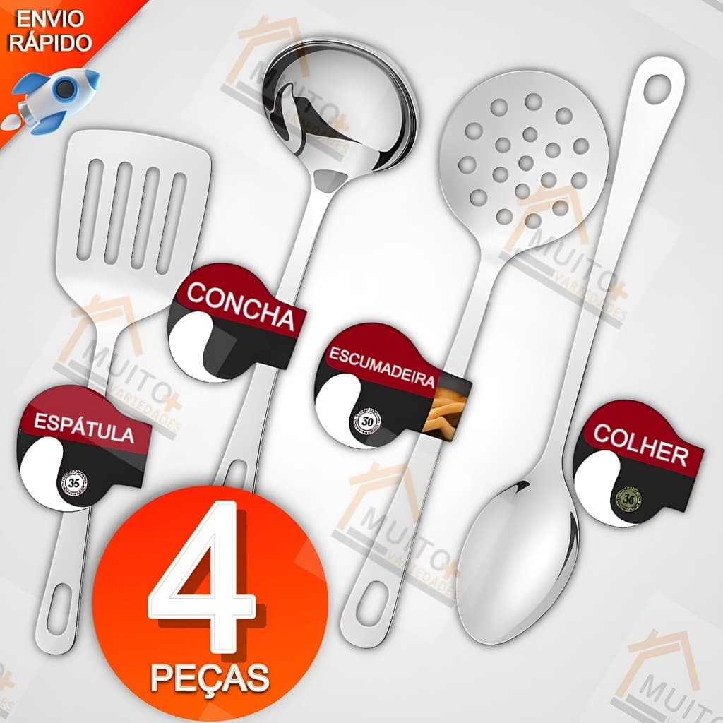 Kit Utensílios Para Cozinha 4 Peças Em Aço Inox Colher De Arroz Escumadeira Concha Restaurante Casa