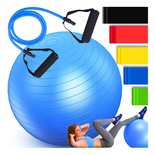 Kit Bola Suiça Pilates Fisioterapia 55cm + 5 Elástico de Exercícios Mini Band + Elástico de Treino Extensor Academia