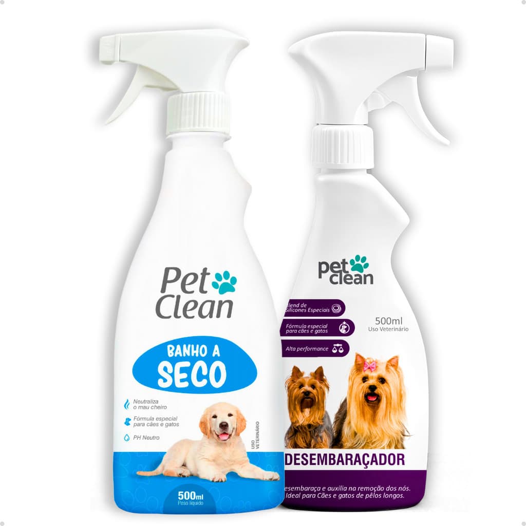 Kit Banho a Seco Sem Enxágue + Desembaraçador de Pelos Cachorro e Gato Pet Clean