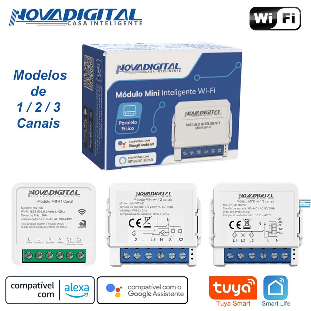 Módulo Mini Relé Wi-Fi de 1 / 2 / 3 Canais Tuya Nova Digital Compatível com Alexa e Google Home