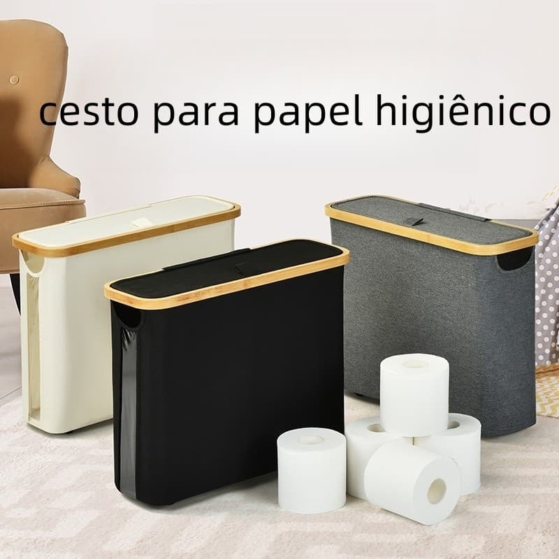 Suporte Cesto De Papel Higiênico De Bambu Com Tampa Para Armazenamento De Armário De Banheiro 025-022