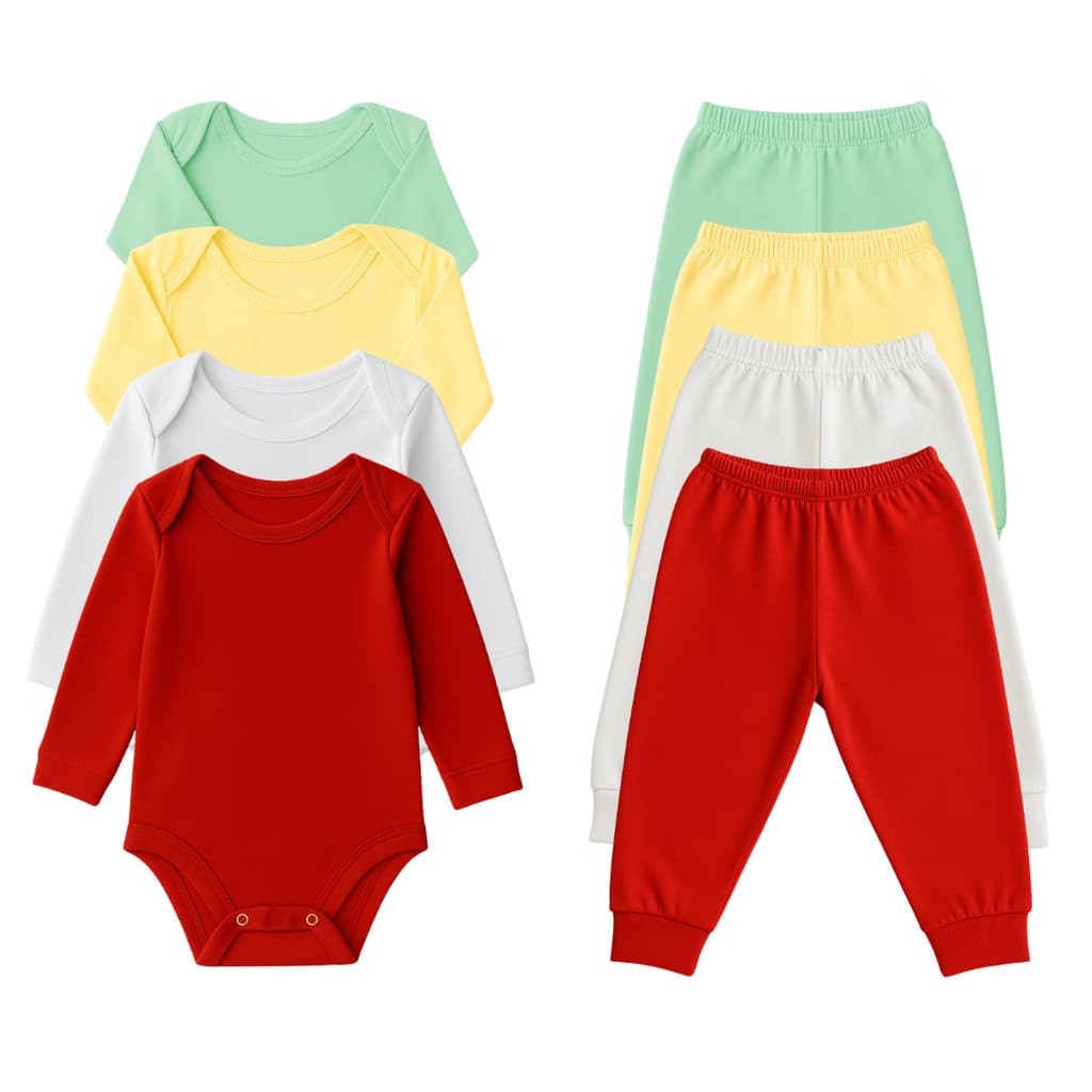 Kit 8 Peças Body Manga Longa e Mijão Bebê Antialérgico 100% Algodão