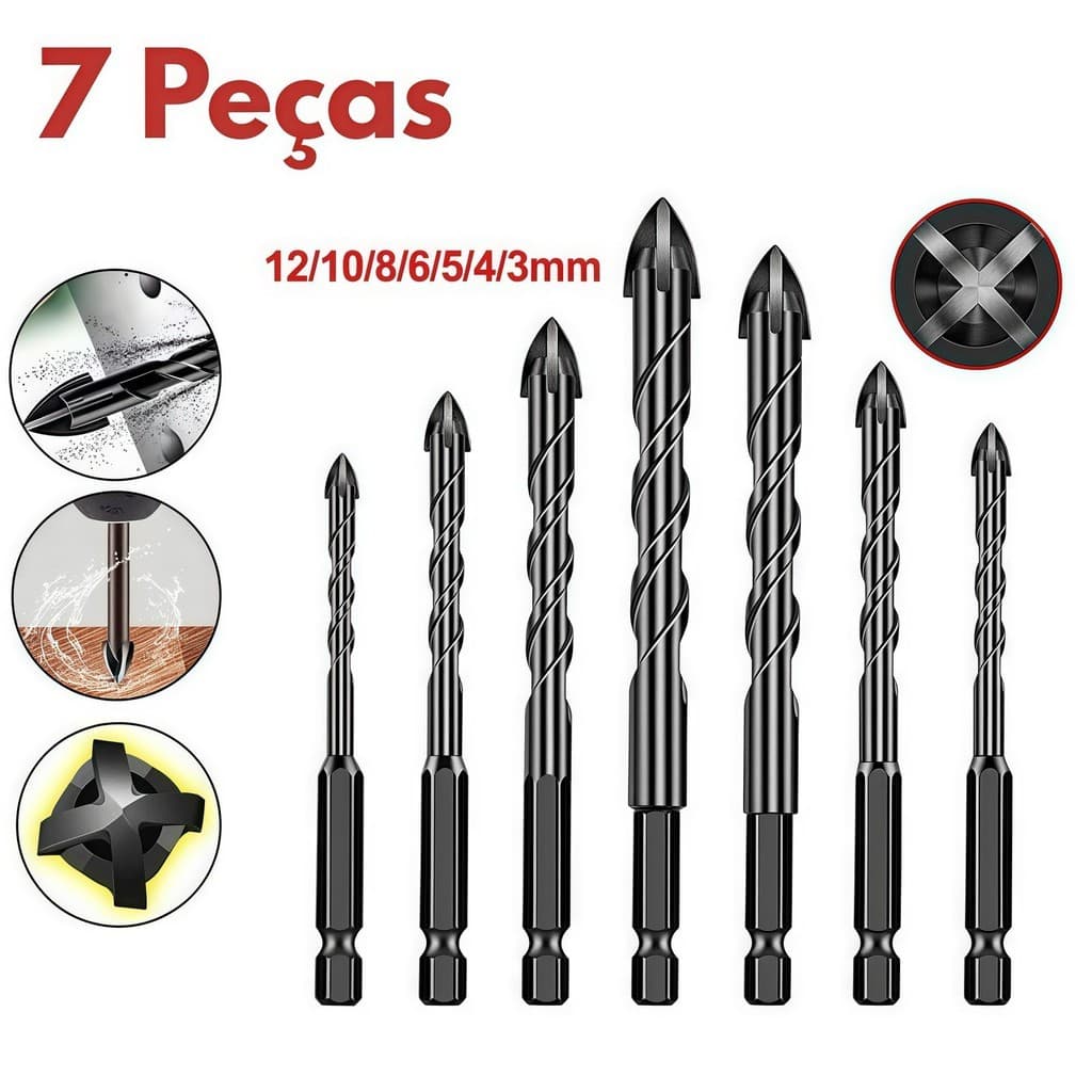 Kit 7 Brocas de carboneto Triangular Titânio Profissionais 3-12mm Para Fura Tudo