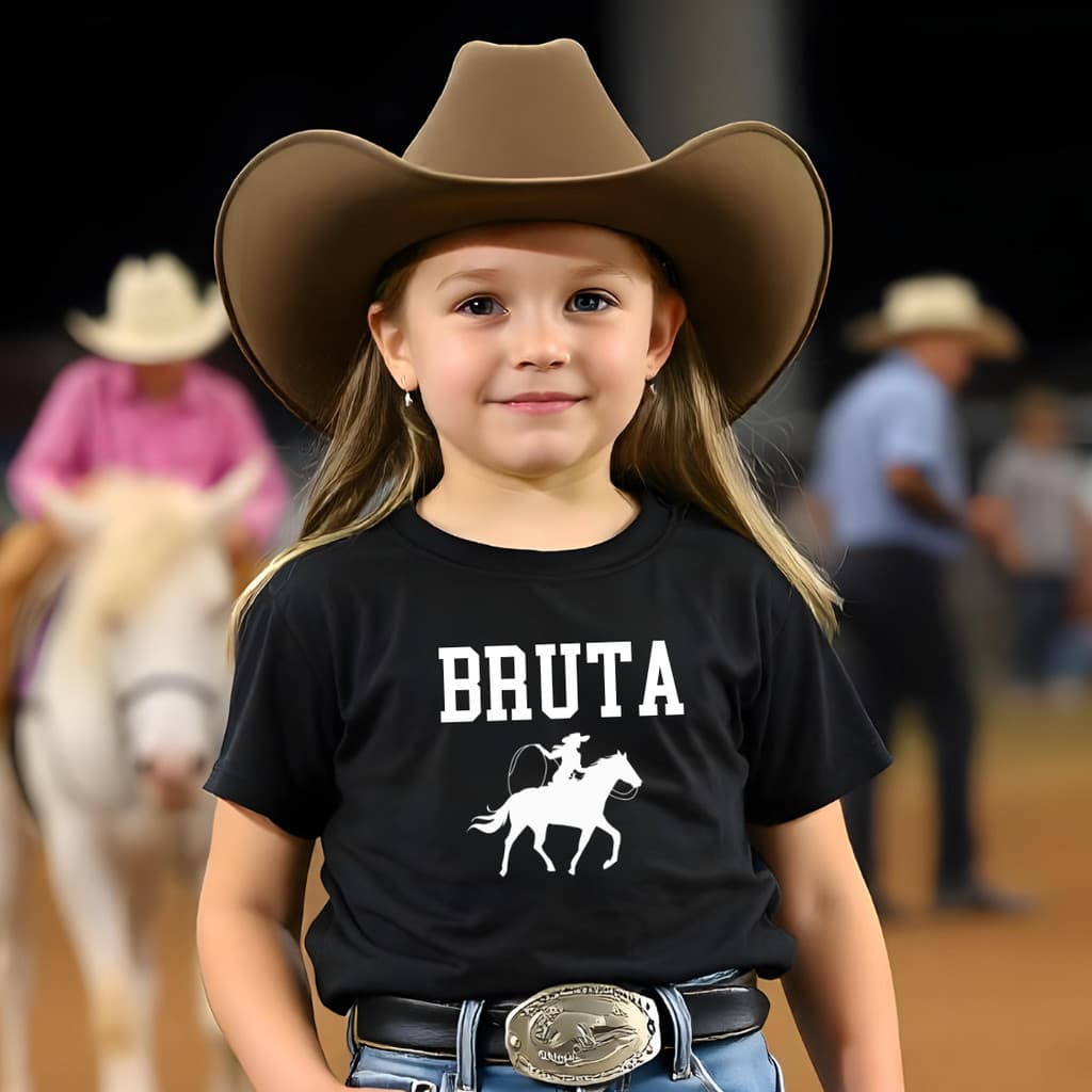 Camiseta Infantil Feminina Algodão Boiadeira Bruta Rodeio Festa Do Peão Cowgirl Coutry Feta de Peão