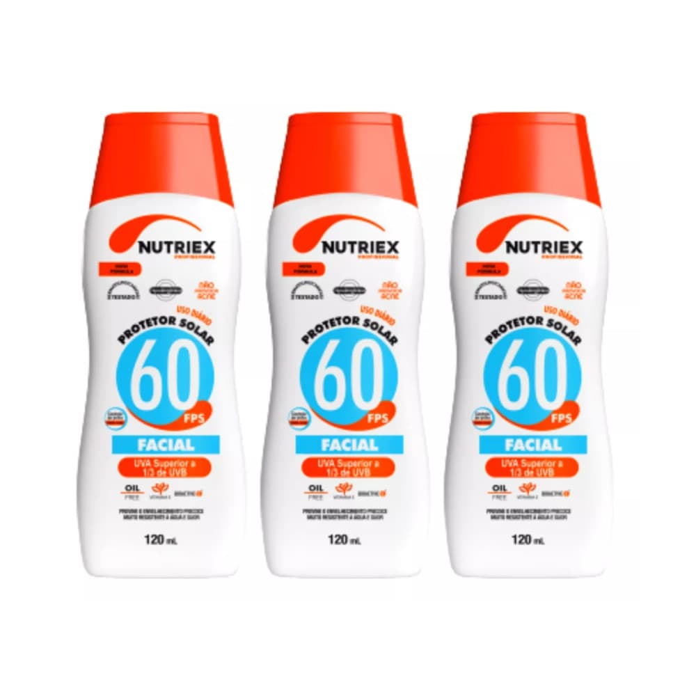 KIT C/ 3 PROTETOR SOLAR FACIAL FPS 60 NUTRIEX 1/3 UVA 120ML