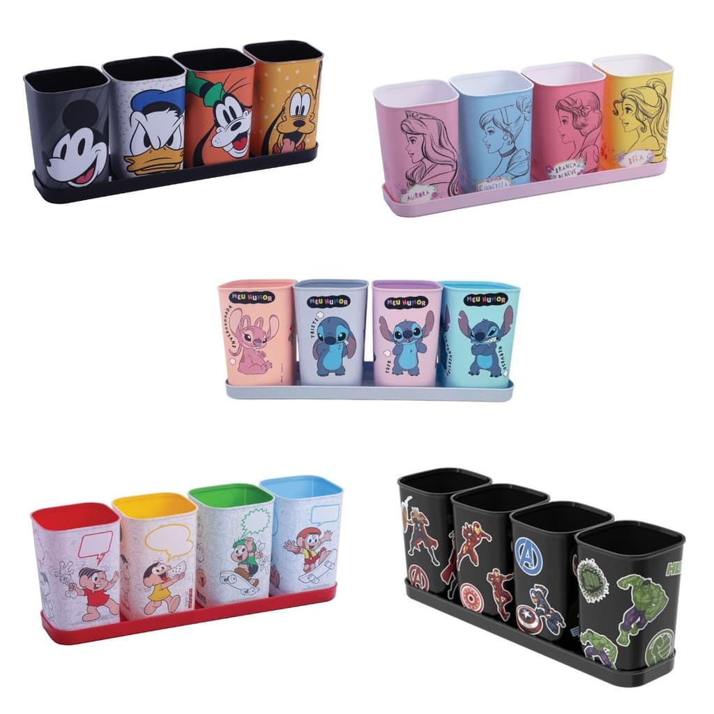 Porta Canetas C/ Bandeja - 5 Pcs - Disney - Marvel - Turma da Monica Plasutil - Escolha